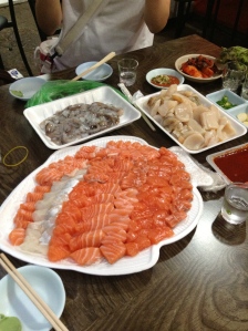 A veritable feast. Salmon, octopus, and fresh scallop sashimi. MMMMMM.